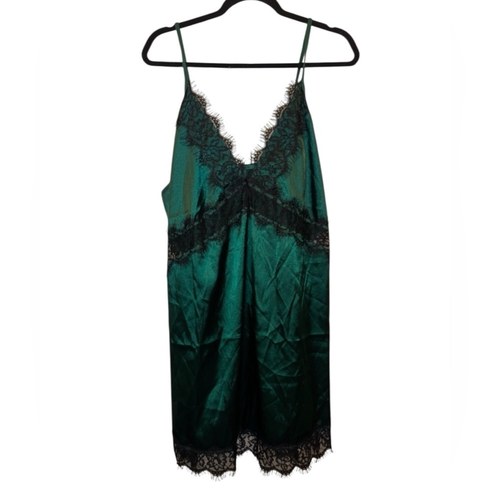 SHEIN Emerald Satin Chemise with Black Lace Trim
